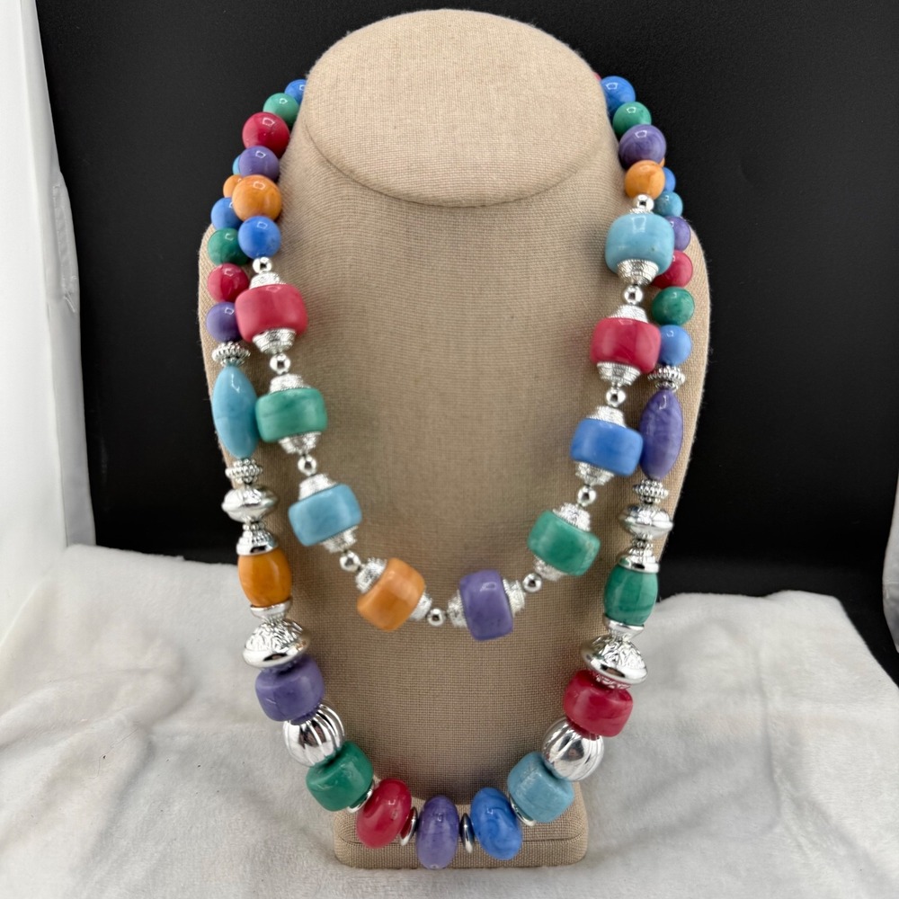 Estate Beaded Necklace Set Colorful Multi Strand Plastic Beads 18" 23"